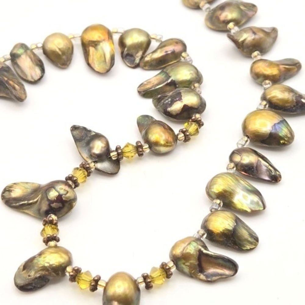 Unique Baroque Pearl Necklace Iridescent Golden Crystal Beads Handmade 925 Clasp